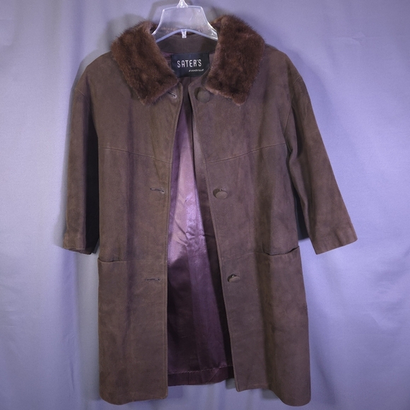 Vintage Saters Suade Coat Fur Collar Brown Size 8 3/4 Sleeve‎ 60s Old Money - Picture 2 of 10